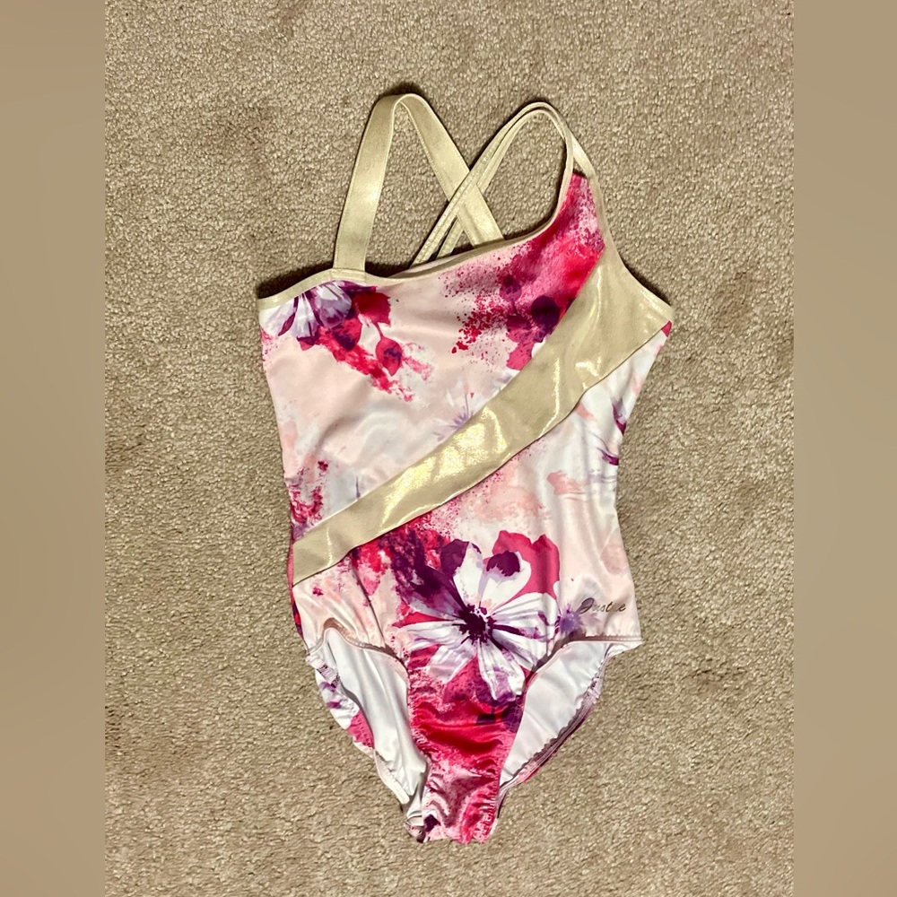 Justice 1-Pc Floral Foil Leotard, Pink with Gold Accents - Size 10 (VGUC)